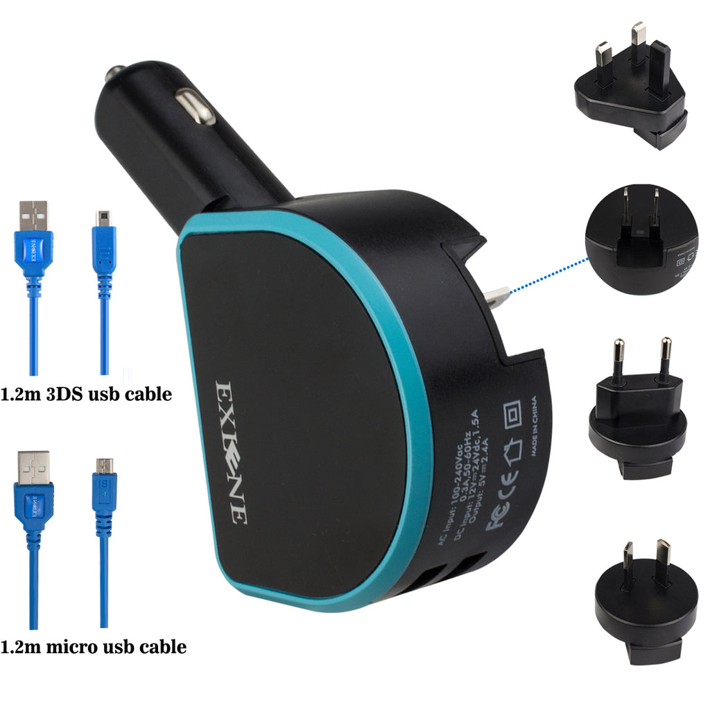 EXLENE 2 In 1 Combo Car & Home Travel Wall Charger, Dual USB Port 5V 2.4A foldable car adapter,for Nintendo 3DS 2DS DSi, iPhon, Samsung (include EU/UK/AUS plugs,3DS usb cable,micro usb cable)